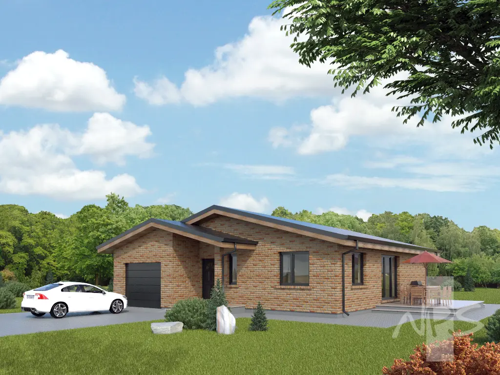 Vieno aukšto namo projektas 138 m²: 3 Miegamieji, 1 Vonios, Atvira virtuvė, Garažas