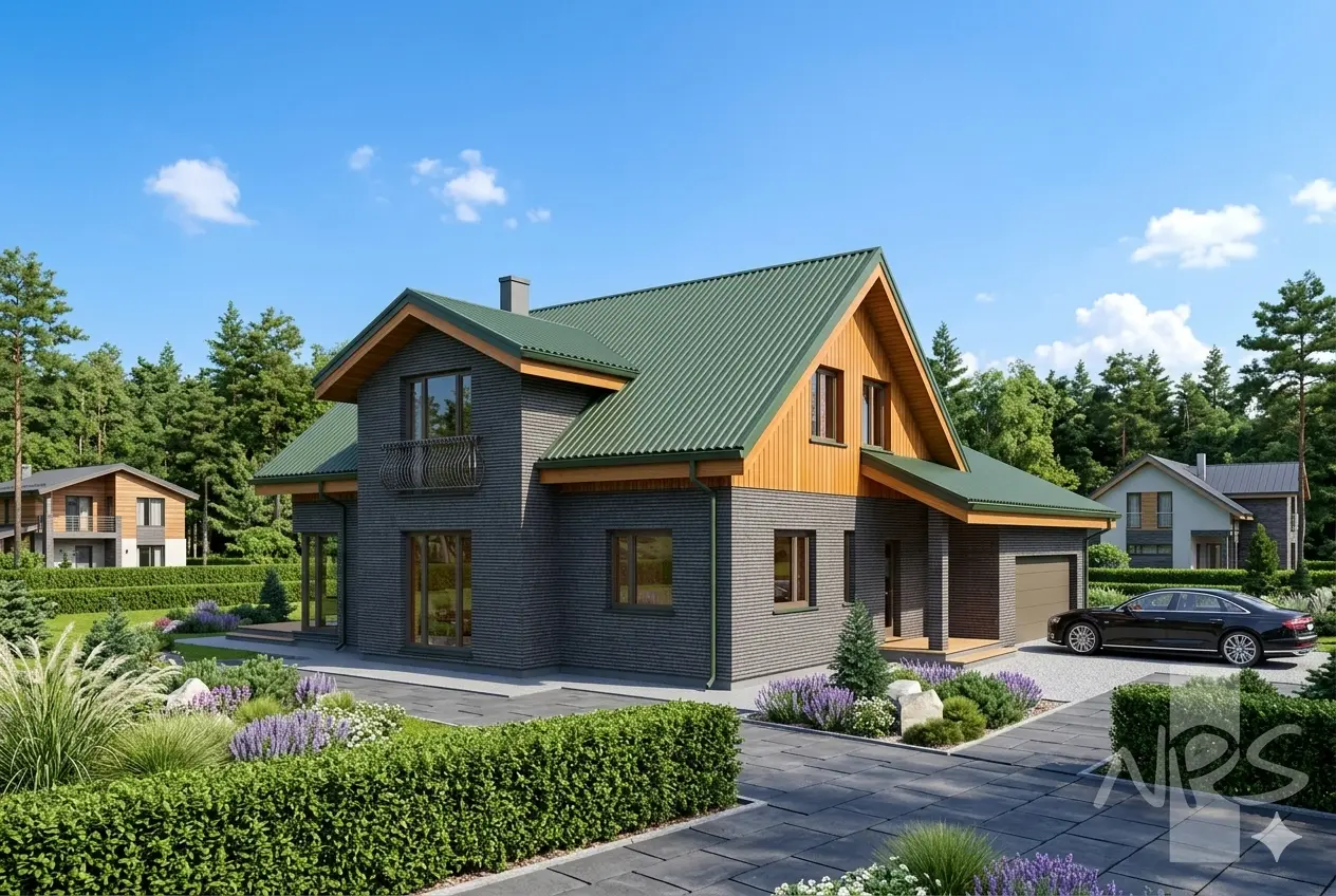 Namo projektas su mansarda 212 m²: 3 Miegamieji, Darbo kambarys, 2 Vonios, Garažas