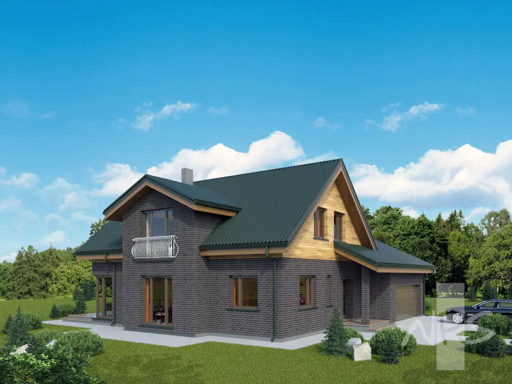 Namo projektas su mansarda 212 m²: 3 Miegamieji, Darbo kambarys, 2 Vonios, Garažas