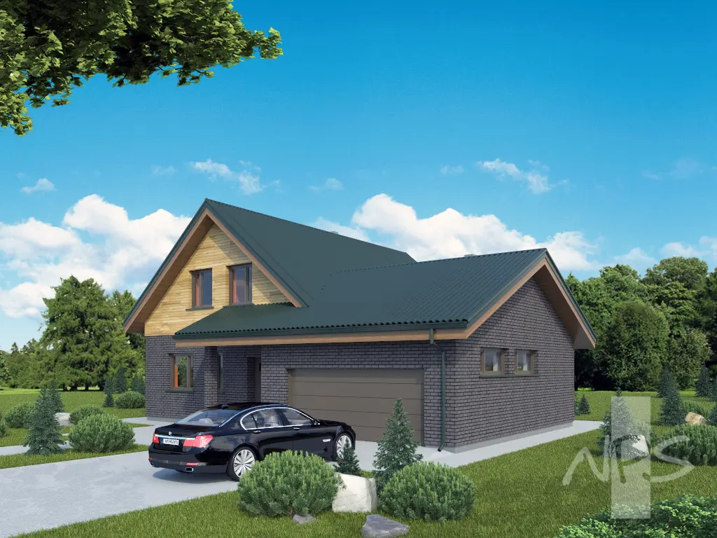 Namo projektas su mansarda 212 m²: 3 Miegamieji, Darbo kambarys, 2 Vonios, Garažas