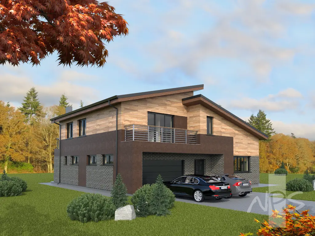 Dviejų aukštų namo projektas 241 m²: 3 Miegamieji, Darbo kambarys, 3 Vonios, Atvira virtuvė, Garažas