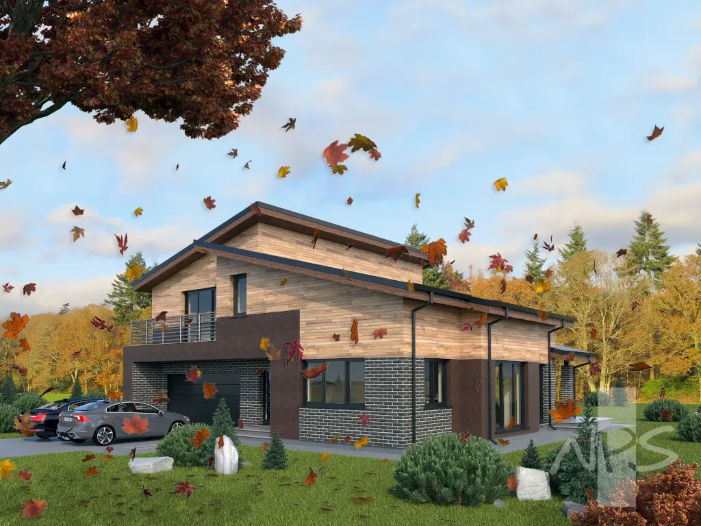 Dviejų aukštų namo projektas 241 m²: 3 Miegamieji, Darbo kambarys, 3 Vonios, Atvira virtuvė, Garažas
