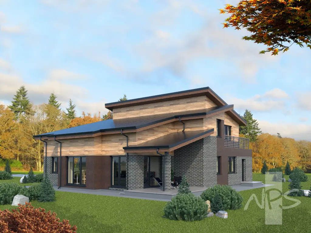 Dviejų aukštų namo projektas 241 m²: 3 Miegamieji, Darbo kambarys, 3 Vonios, Atvira virtuvė, Garažas