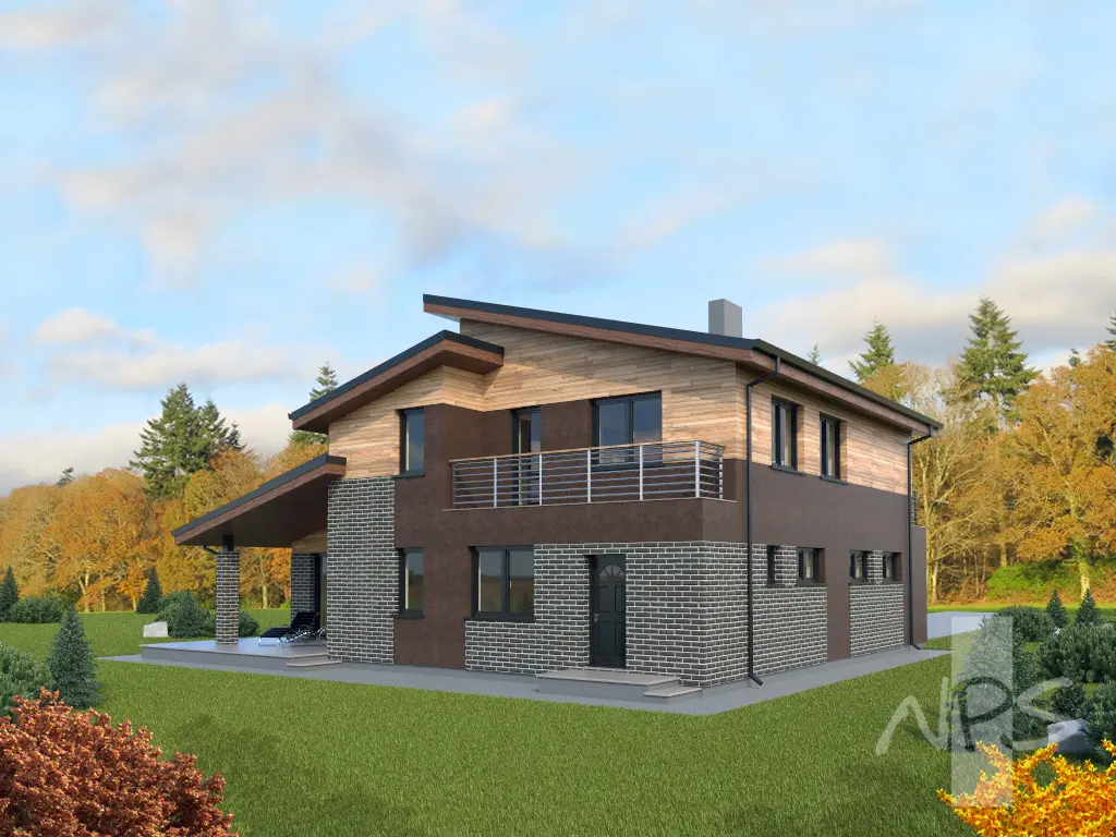 Dviejų aukštų namo projektas 241 m²: 3 Miegamieji, Darbo kambarys, 3 Vonios, Atvira virtuvė, Garažas
