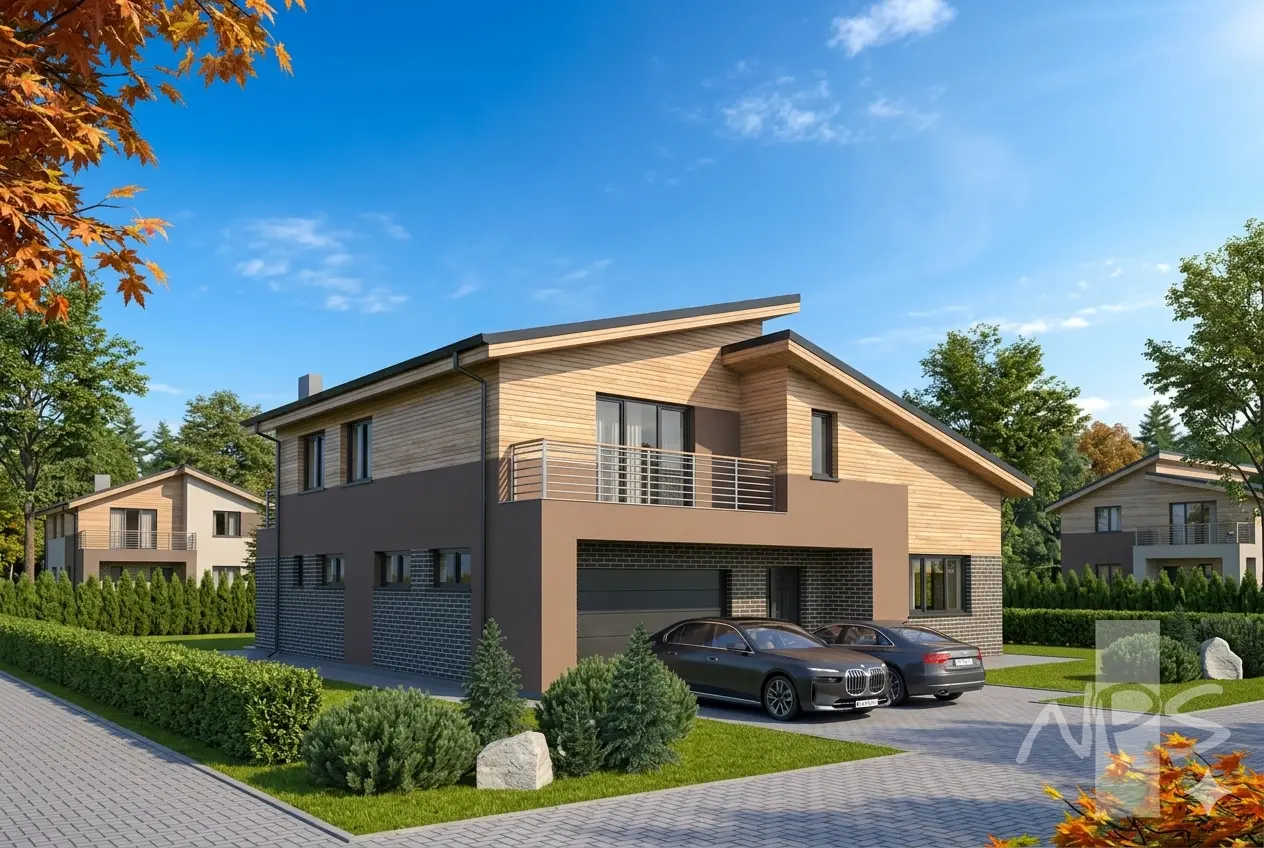 Dviejų aukštų namo projektas 241 m²: 3 Miegamieji, Darbo kambarys, 3 Vonios, Atvira virtuvė, Garažas