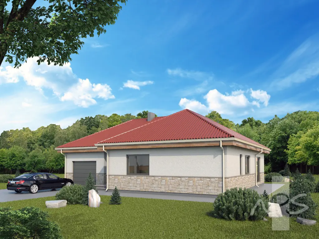 Vieno aukšto namo projektas 144 m²: 2 Miegamieji, 2 Vonios, Atvira virtuvė, Garažas