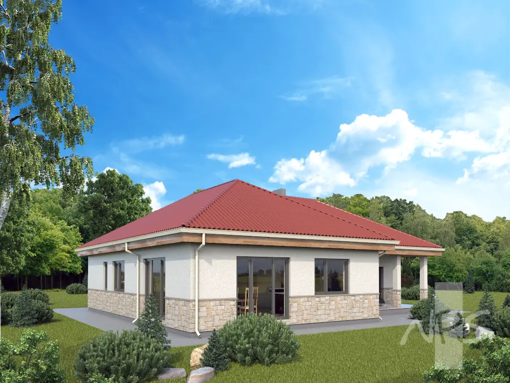 Vieno aukšto namo projektas 144 m²: 2 Miegamieji, 2 Vonios, Atvira virtuvė, Garažas