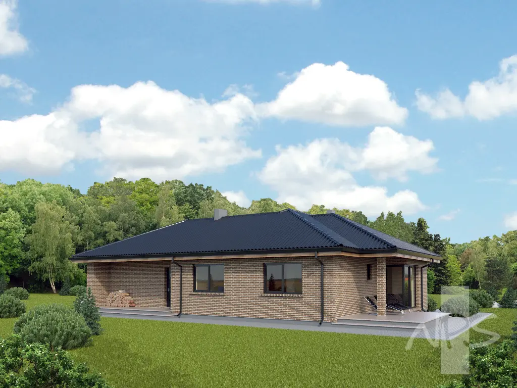Vieno aukšto namo projektas 130 m²: 2 Miegamieji, 1 Vonios, Garažas