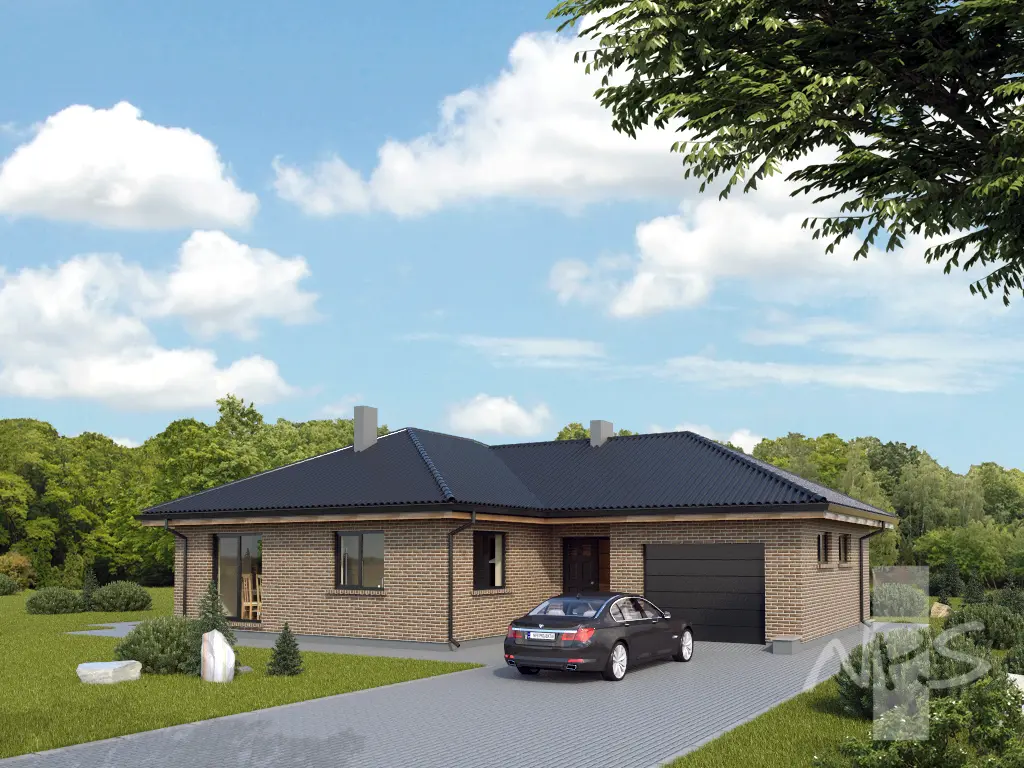 Vieno aukšto namo projektas 130 m²: 2 Miegamieji, 1 Vonios, Garažas