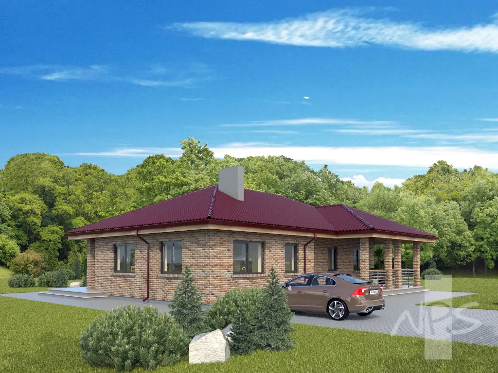 Vieno aukšto namo projektas 109 m²: 3 Miegamieji, 1 Vonios, Atvira virtuvė, be Garažo