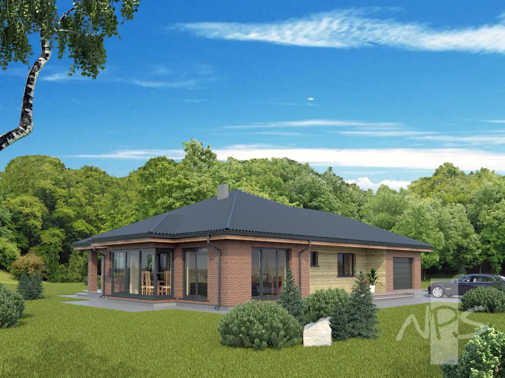 Vieno aukšto namo projektas 159 m²: 3 Miegamieji, 2 Vonios, Atvira virtuvė, Garažas