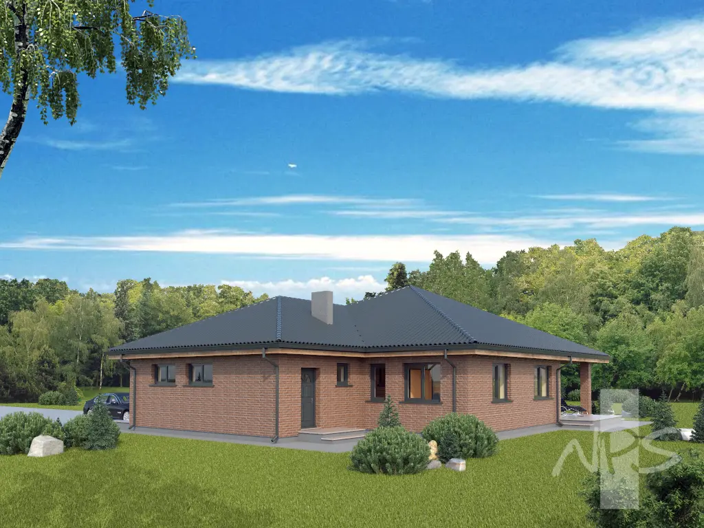 Vieno aukšto namo projektas 159 m²: 3 Miegamieji, 2 Vonios, Atvira virtuvė, Garažas