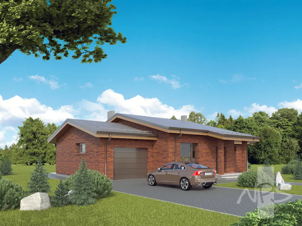 Vieno aukšto namo projektas 143 m²: 3 Miegamieji, 2 Vonios, Atvira virtuvė, Garažas