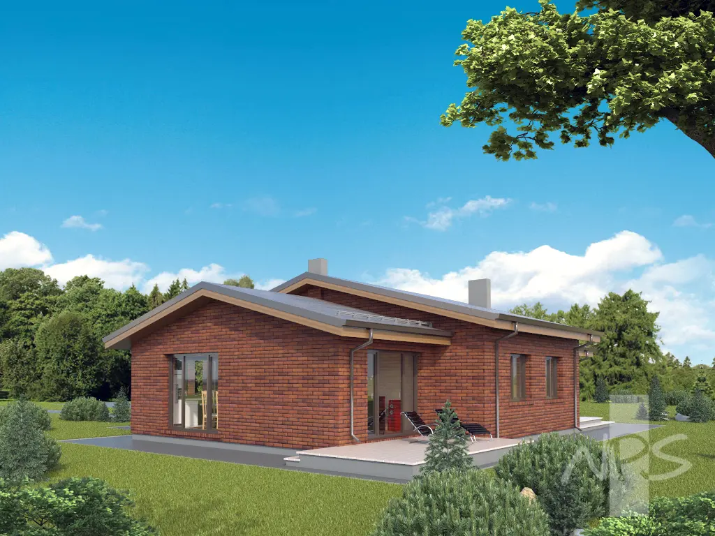 Vieno aukšto namo projektas 143 m²: 3 Miegamieji, 2 Vonios, Atvira virtuvė, Garažas