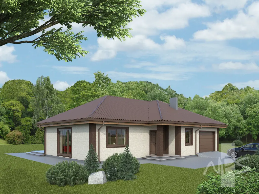 Vieno aukšto namo projektas 146 m²: 3 Miegamieji, 1 Vonios, Atvira virtuvė, Garažas
