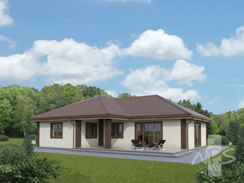 Vieno aukšto namo projektas 146 m²: 3 Miegamieji, 1 Vonios, Atvira virtuvė, Garažas