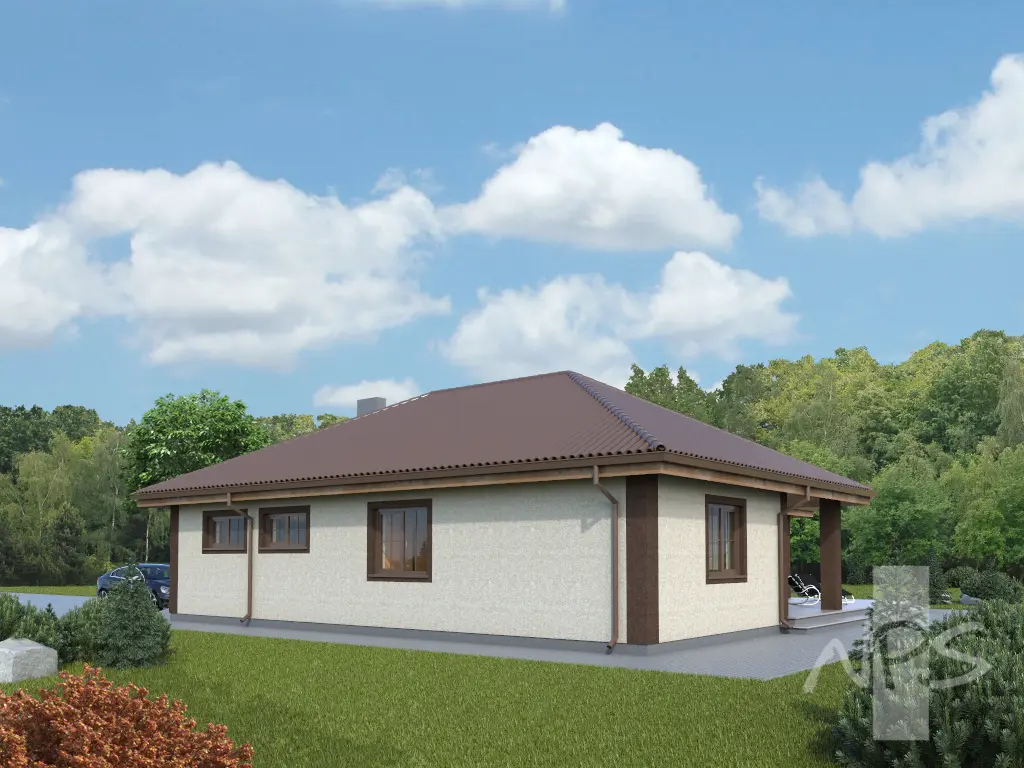 Vieno aukšto namo projektas 146 m²: 3 Miegamieji, 1 Vonios, Atvira virtuvė, Garažas