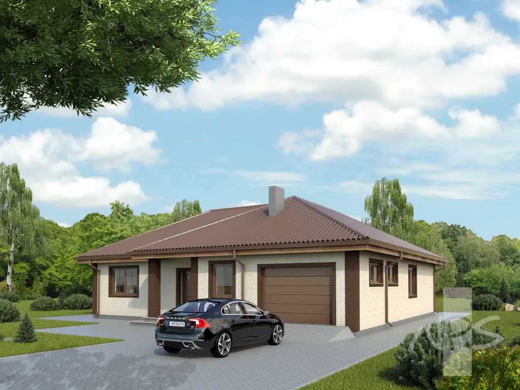 Vieno aukšto namo projektas 146 m²: 3 Miegamieji, 1 Vonios, Atvira virtuvė, Garažas
