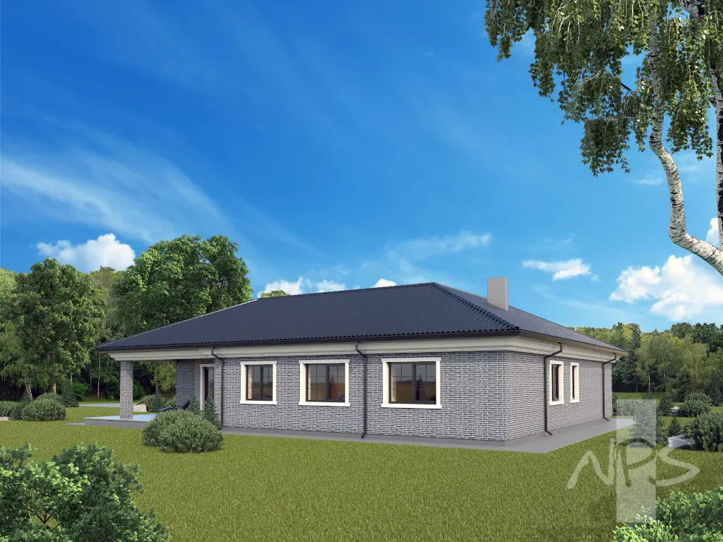 Vieno aukšto namo projektas 177 m²: 3 Miegamieji, 2 Vonios, Garažas