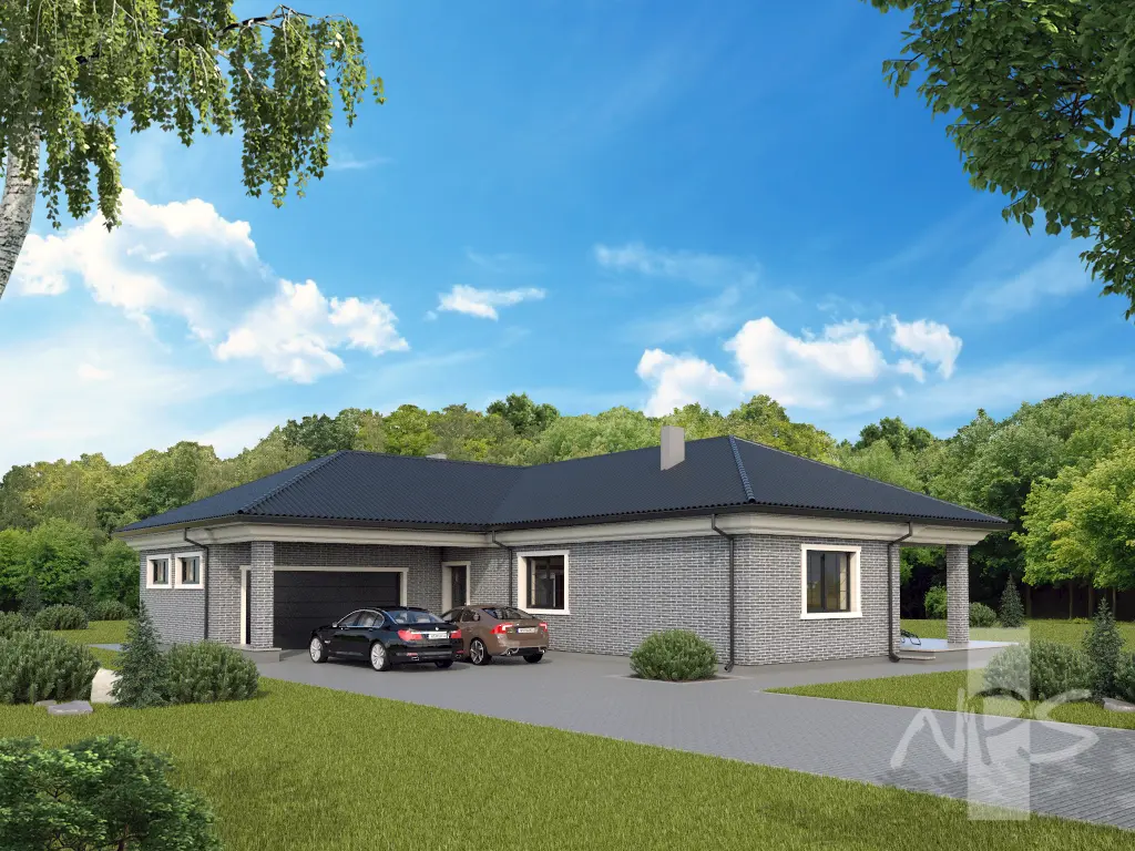 Vieno aukšto namo projektas 177 m²: 3 Miegamieji, 2 Vonios, Garažas