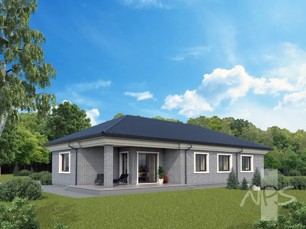 Vieno aukšto namo projektas 177 m²: 3 Miegamieji, 2 Vonios, Garažas