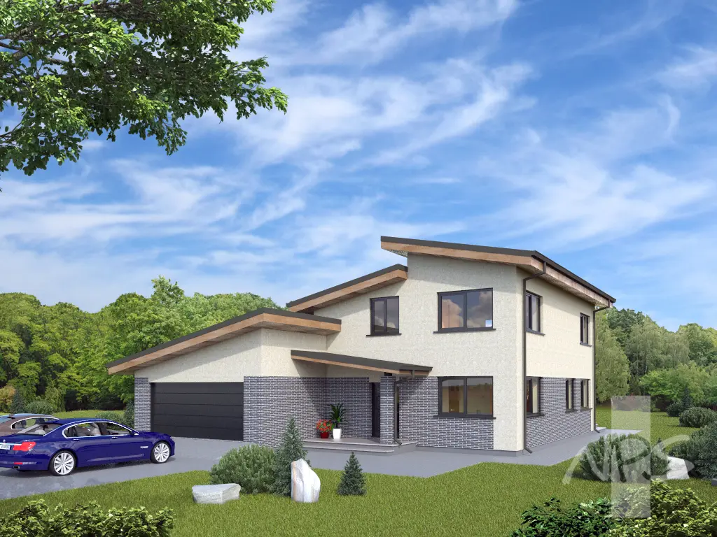 Dviejų aukštų namo projektas 216 m²: 3 Miegamieji, Darbo kambarys, 2 Vonios, Garažas