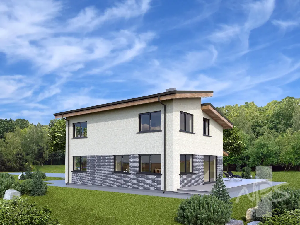 Dviejų aukštų namo projektas 216 m²: 3 Miegamieji, Darbo kambarys, 2 Vonios, Garažas