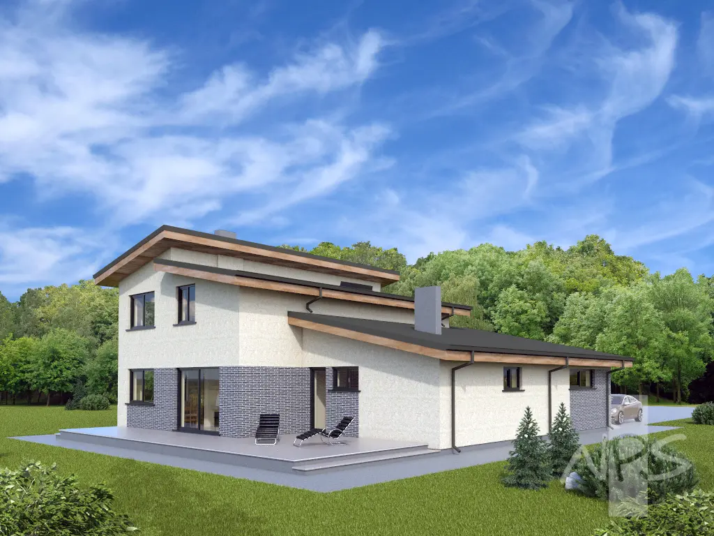 Dviejų aukštų namo projektas 216 m²: 3 Miegamieji, Darbo kambarys, 2 Vonios, Garažas
