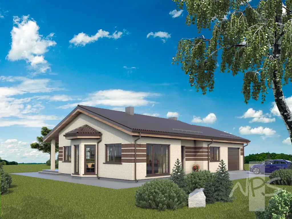 Vieno aukšto namo projektas 151 m²: 3 Miegamieji, 2 Vonios, Atvira virtuvė, Garažas