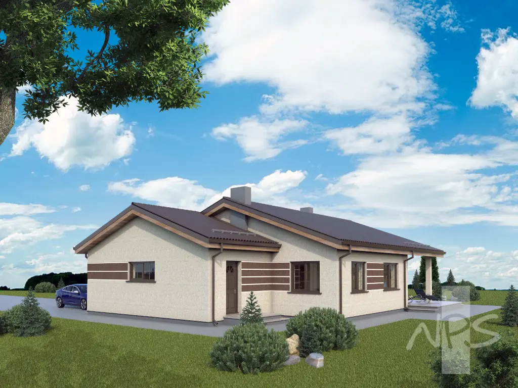 Vieno aukšto namo projektas 151 m²: 3 Miegamieji, 2 Vonios, Atvira virtuvė, Garažas