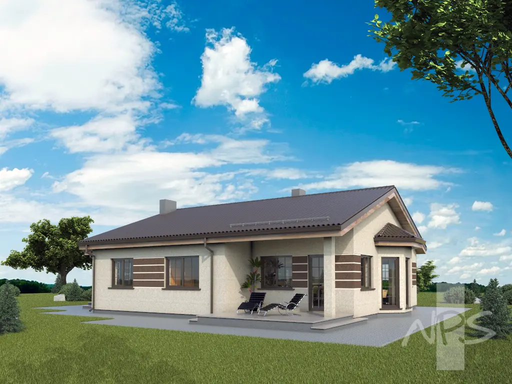 Vieno aukšto namo projektas 151 m²: 3 Miegamieji, 2 Vonios, Atvira virtuvė, Garažas