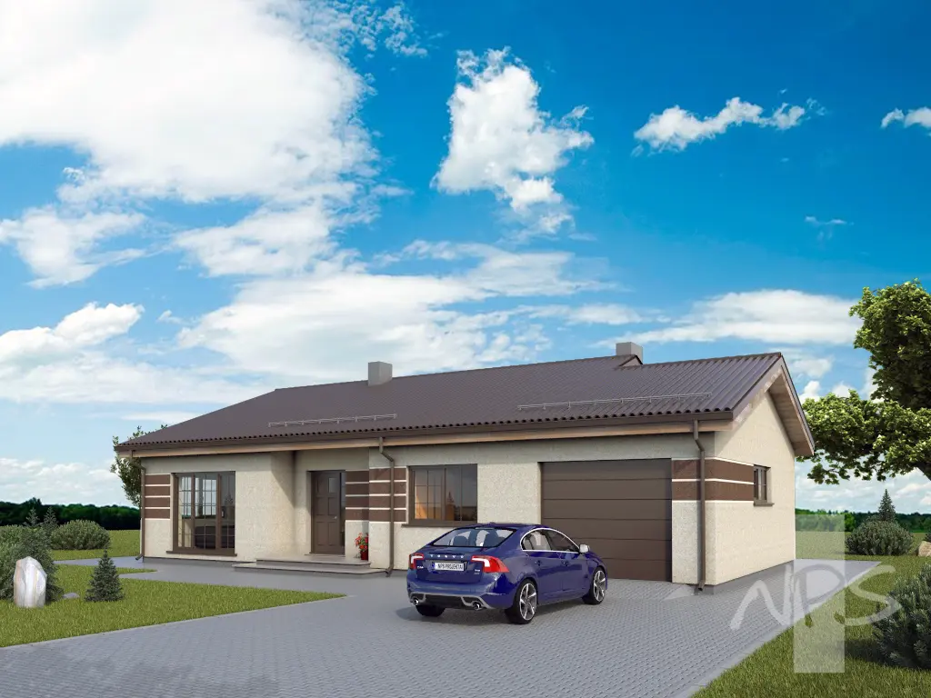 Vieno aukšto namo projektas 151 m²: 3 Miegamieji, 2 Vonios, Atvira virtuvė, Garažas