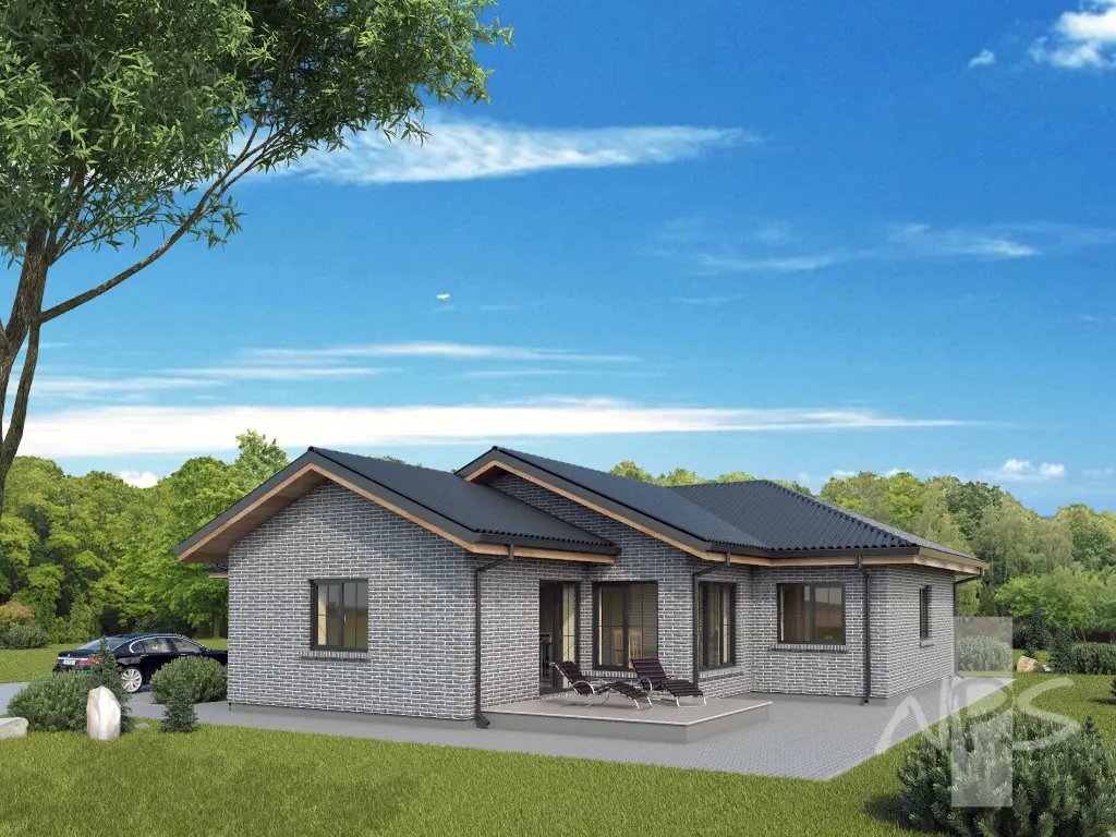 Vieno aukšto namo projektas 175 m²: 2 Miegamieji, Darbo kambarys, 2 Vonios, Garažas