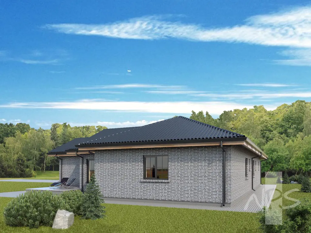 Vieno aukšto namo projektas 175 m²: 2 Miegamieji, Darbo kambarys, 2 Vonios, Garažas