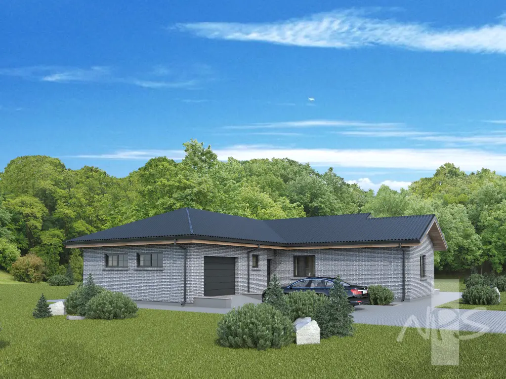 Vieno aukšto namo projektas 175 m²: 2 Miegamieji, Darbo kambarys, 2 Vonios, Garažas