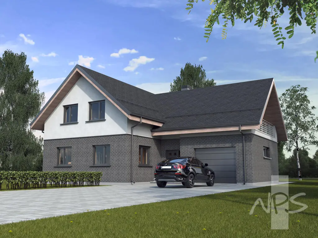 Namo projektas 210 m²: Vieno aukšto su mansarda, 4 Miegamieji, Darbo kambarys, 3 Vonios, Garažas