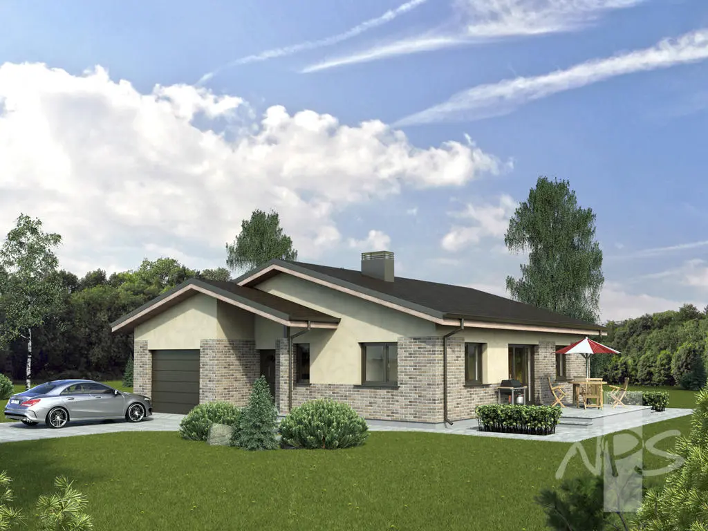 Namo projektas 140 m²: Aukšto, 3 Miegamieji, 1 Vonios, Atvira virtuvė, Garažas