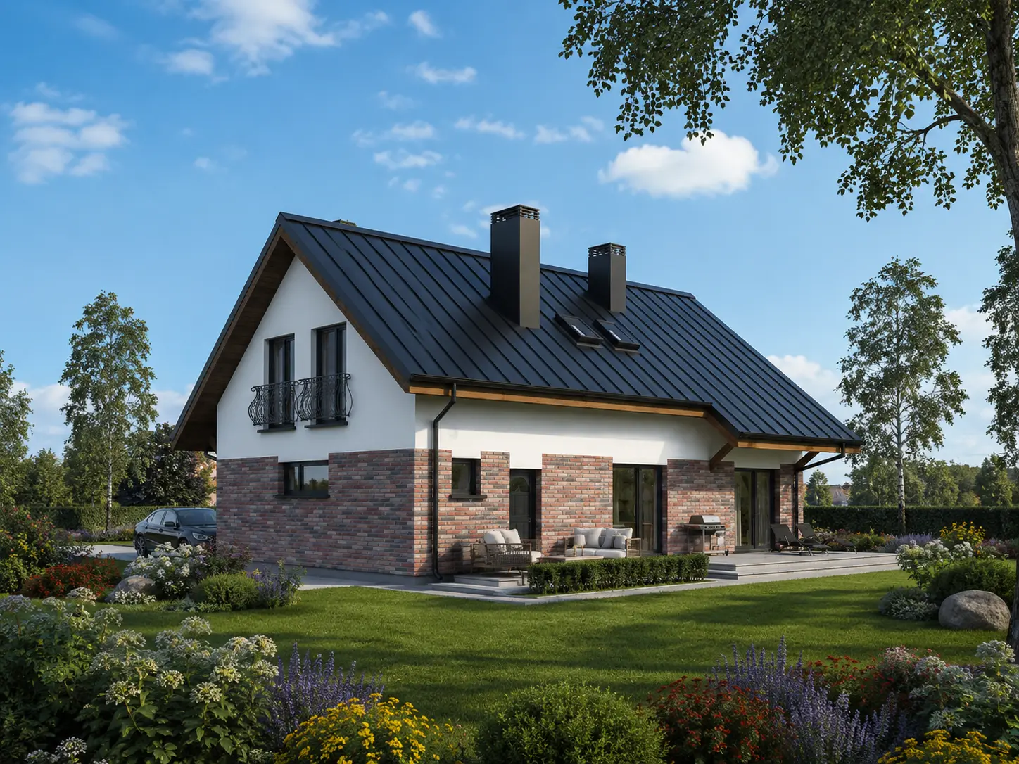 Namo projektas 180 m²: Vieno aukšto su mansarda, 3 Miegamieji, Darbo kambarys, 2 Vonios, Atvira virtuvė, Garažas