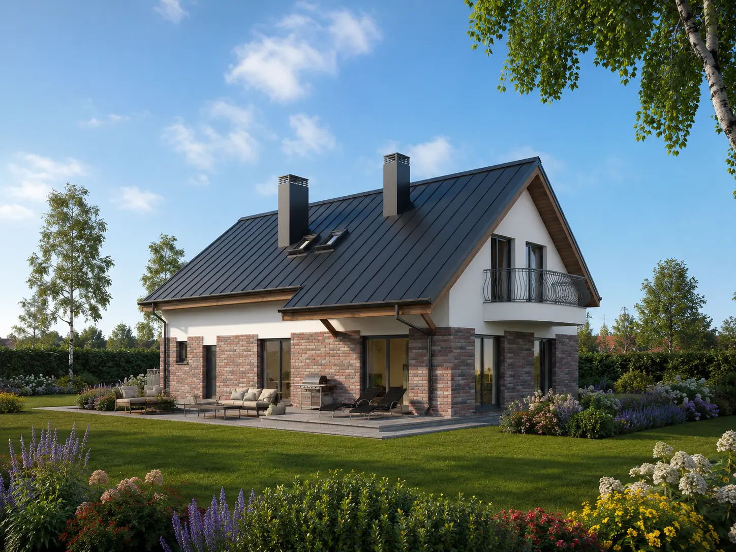 Namo projektas 180 m²: Vieno aukšto su mansarda, 3 Miegamieji, Darbo kambarys, 2 Vonios, Atvira virtuvė, Garažas