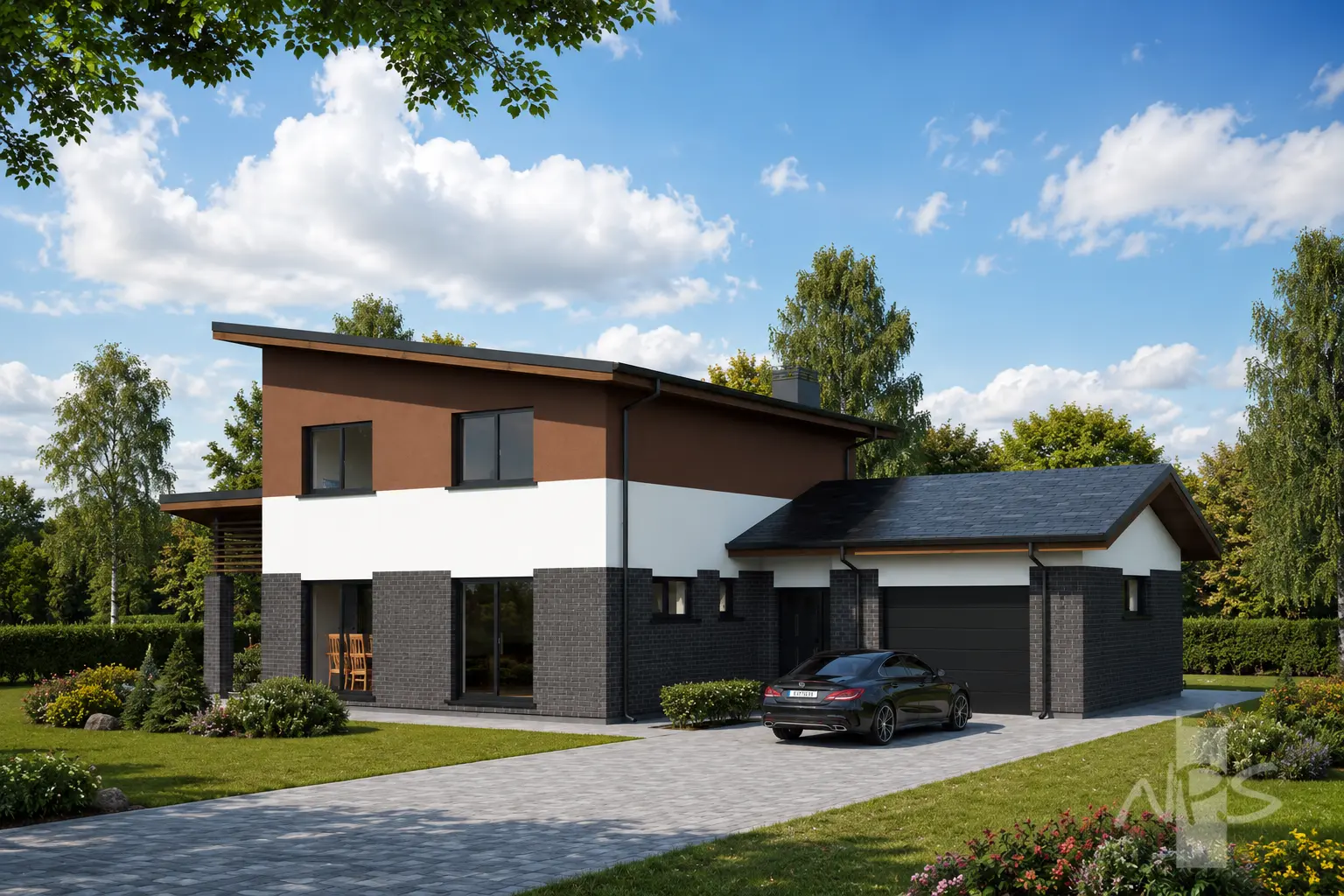 Namo projektas 164 m²: 2 aukštų, 3 Miegamieji, Darbo kambarys, 2 Vonios, Atvira virtuvė, Garažas