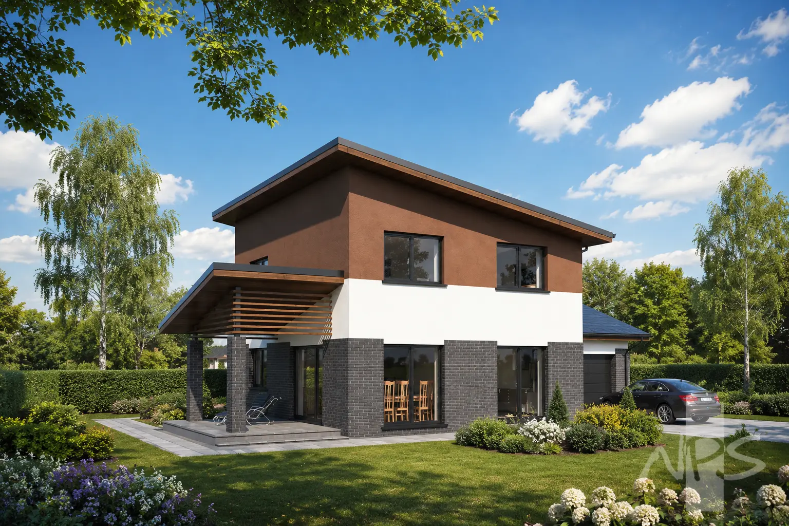 Namo projektas 164 m²: 2 aukštų, 3 Miegamieji, Darbo kambarys, 2 Vonios, Atvira virtuvė, Garažas