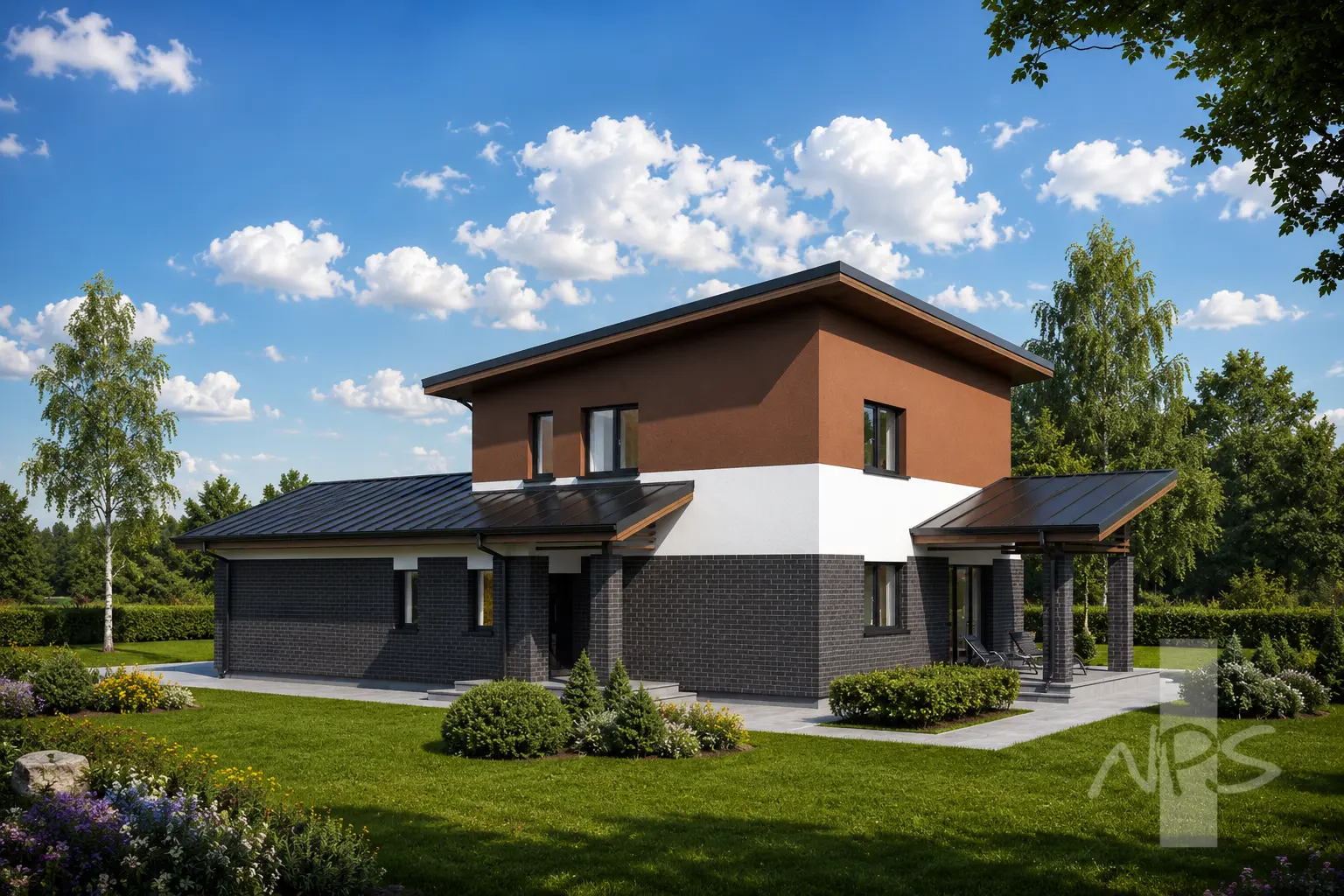 Namo projektas 164 m²: 2 aukštų, 3 Miegamieji, Darbo kambarys, 2 Vonios, Atvira virtuvė, Garažas