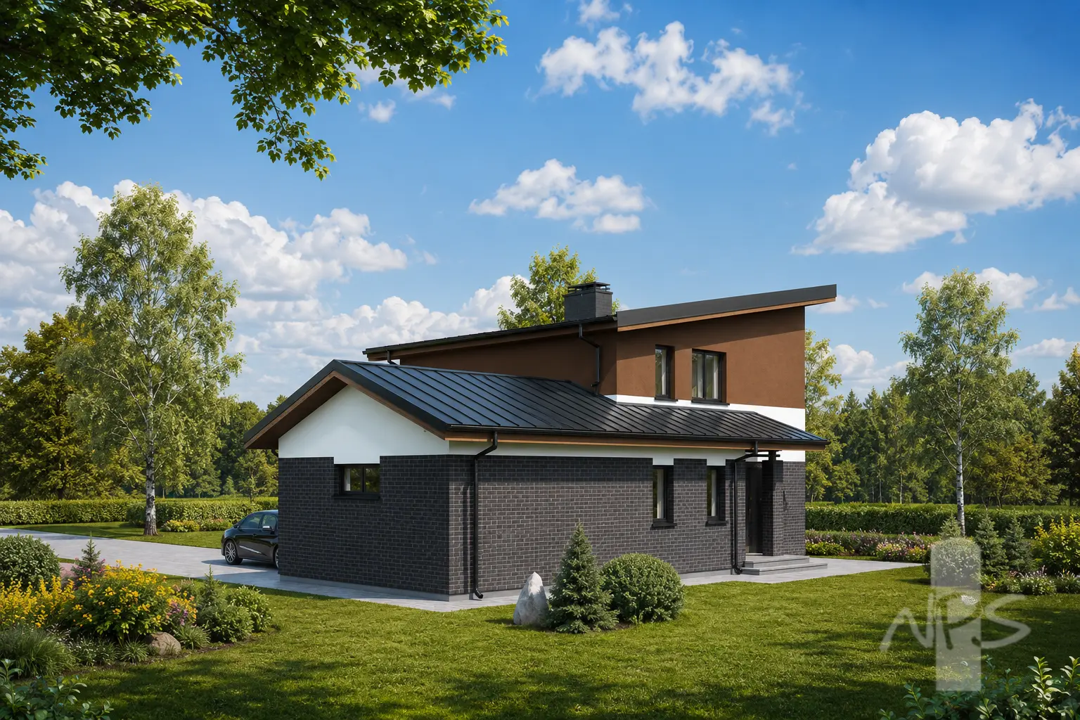 Namo projektas 164 m²: 2 aukštų, 3 Miegamieji, Darbo kambarys, 2 Vonios, Atvira virtuvė, Garažas