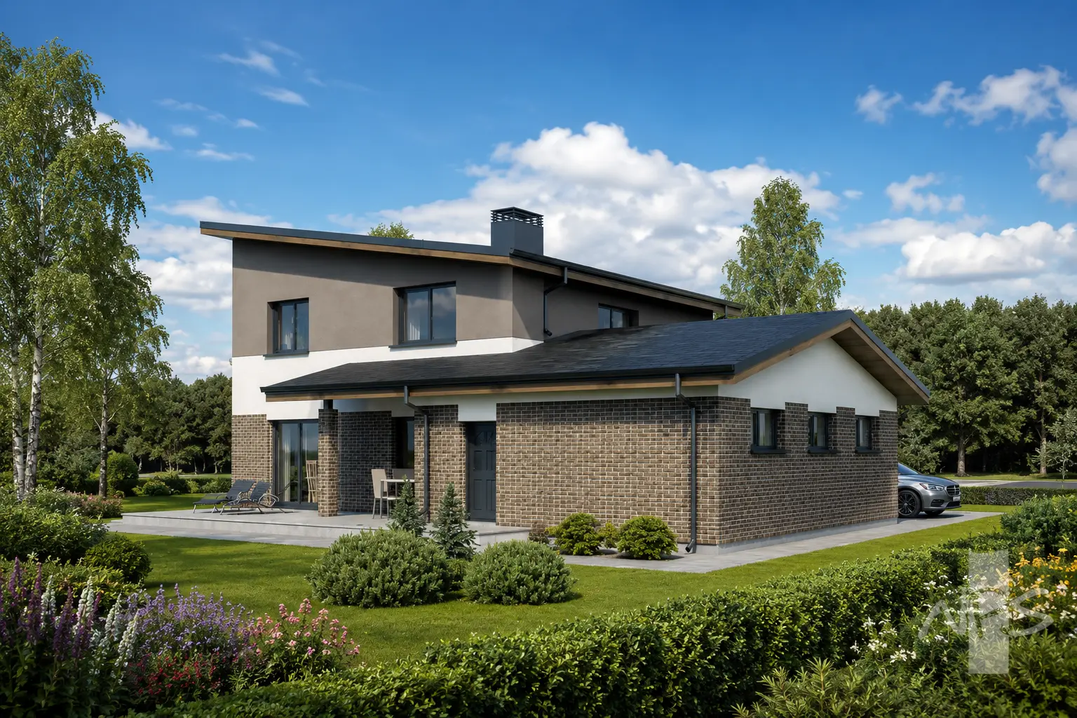 Namo projektas 190 m²: 2 aukštų, 3 Miegamieji, Darbo kambarys, 2 Vonios, Atvira virtuvė, Garažas