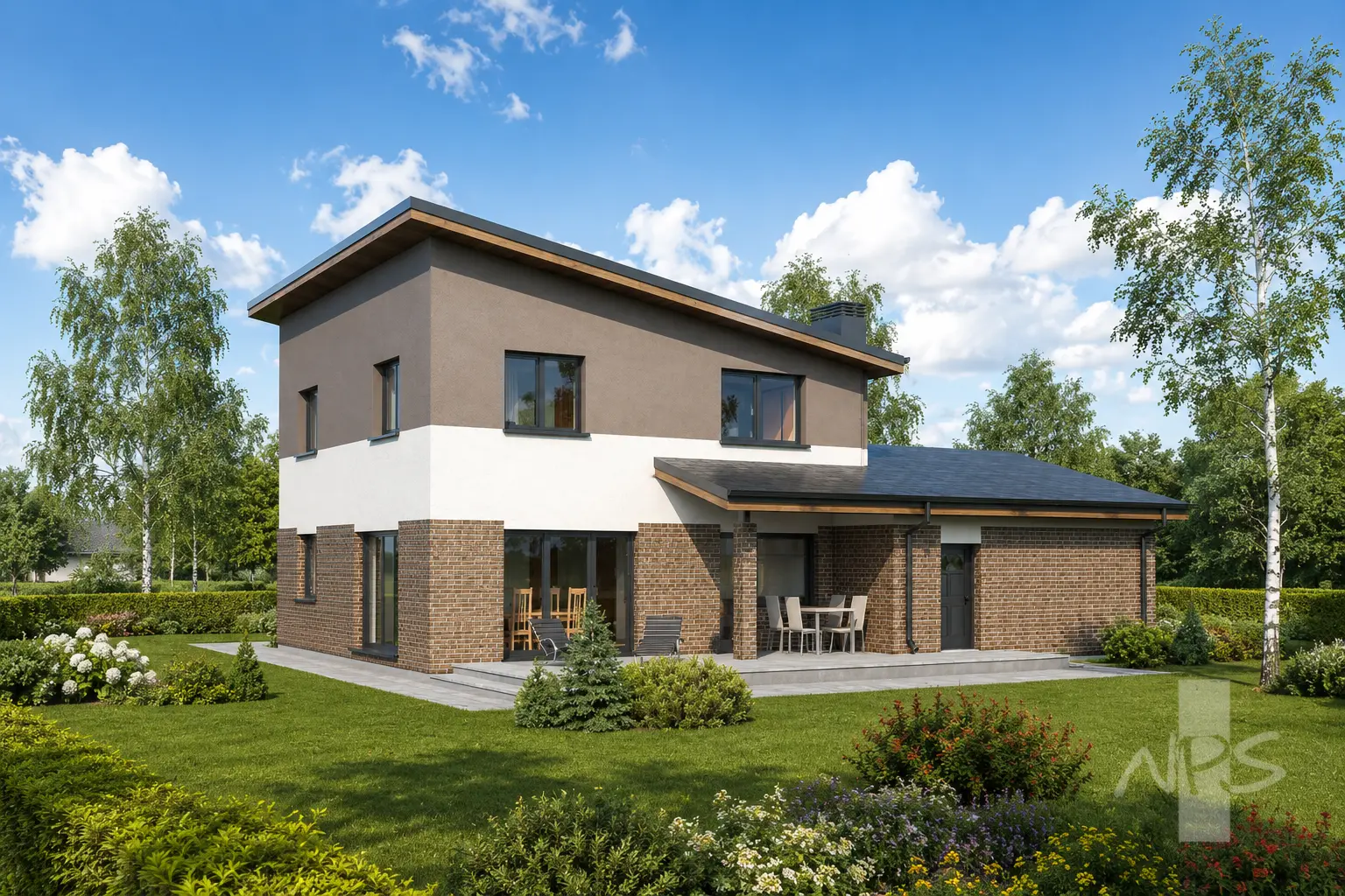 Namo projektas 190 m²: 2 aukštų, 3 Miegamieji, Darbo kambarys, 2 Vonios, Atvira virtuvė, Garažas