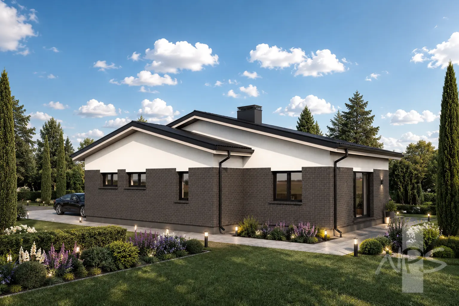 Namo projektas 121 m²: Aukšto, 2 Miegamieji, Darbo kambarys, 1 Vonios, Atvira virtuvė, Garažas