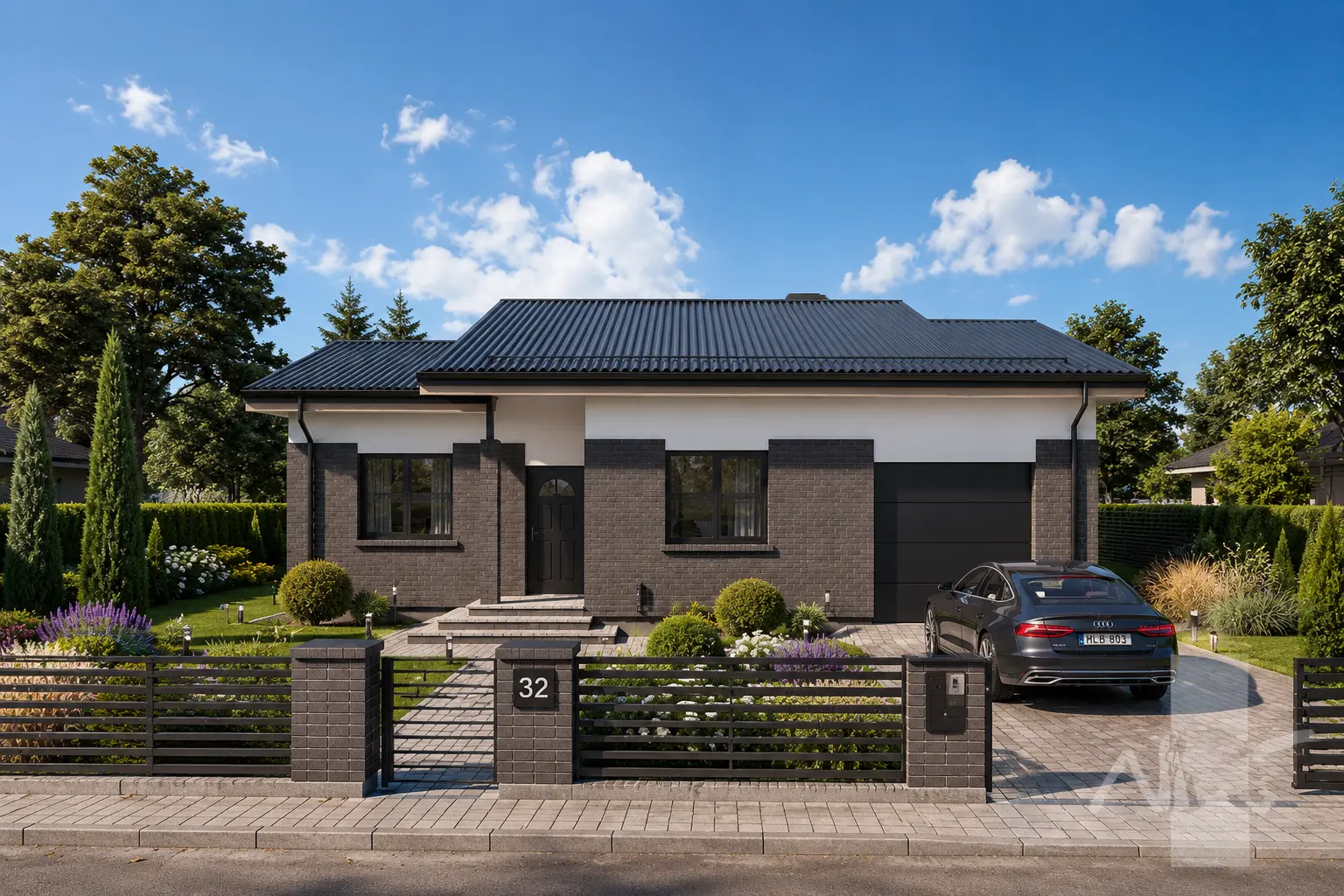 Namo projektas 121 m²: Aukšto, 2 Miegamieji, Darbo kambarys, 1 Vonios, Atvira virtuvė, Garažas