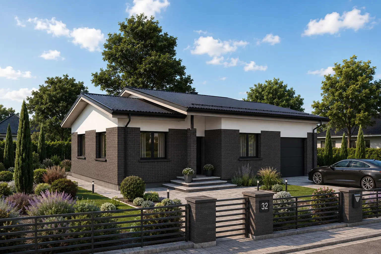 Namo projektas 121 m²: Aukšto, 2 Miegamieji, Darbo kambarys, 1 Vonios, Atvira virtuvė, Garažas