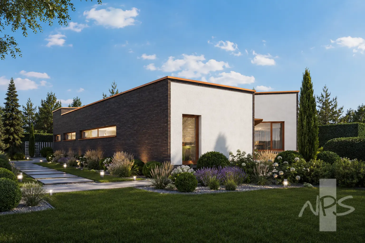 Namo projektas 194 m²: Aukšto, 3 Miegamieji, Darbo kambarys, 2 Vonios, Atvira virtuvė, Garažas