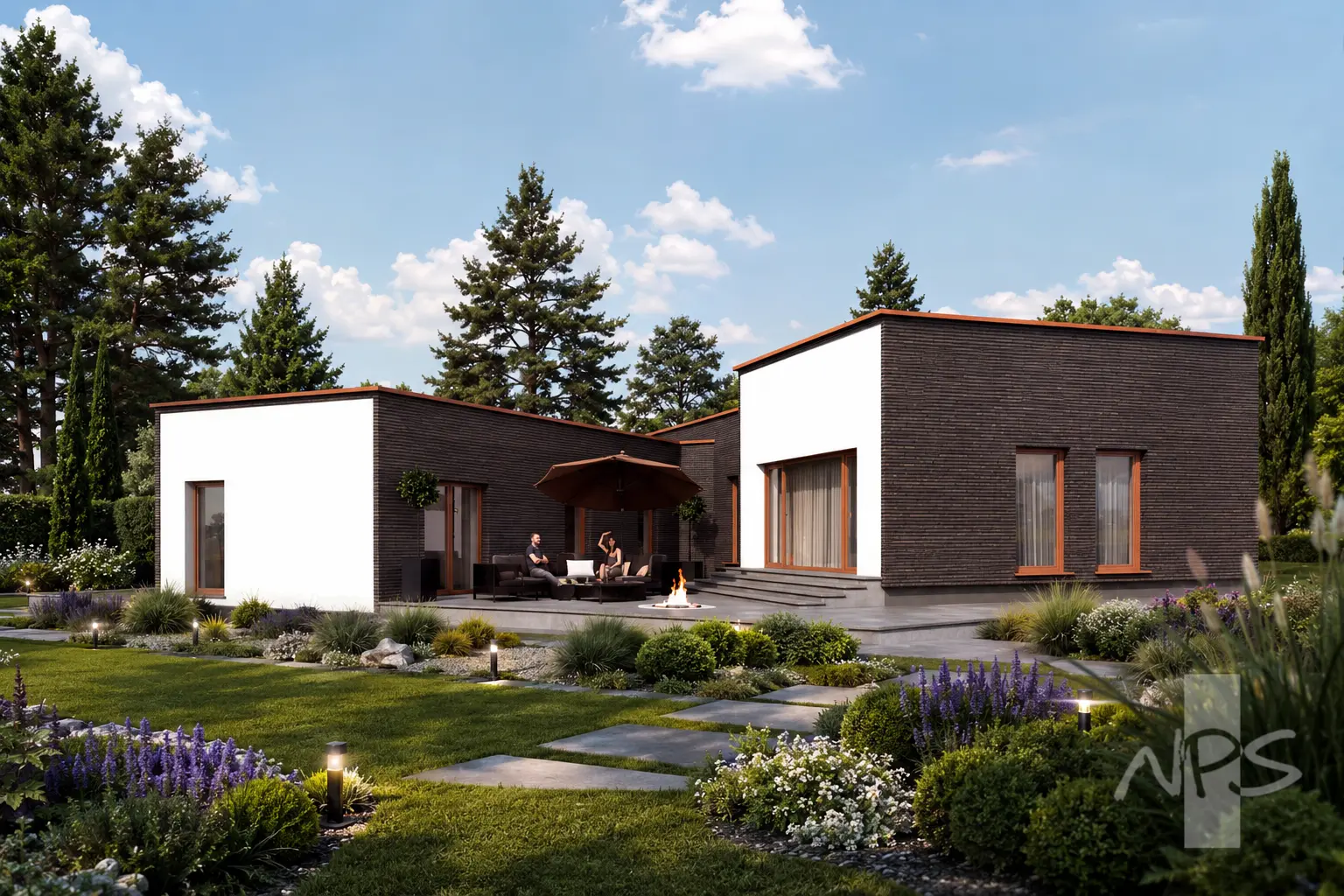 Namo projektas 194 m²: Aukšto, 3 Miegamieji, Darbo kambarys, 2 Vonios, Atvira virtuvė, Garažas